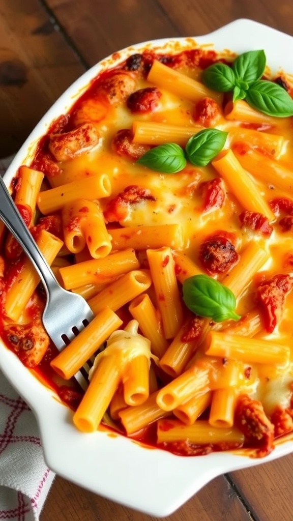 Baked ziti with four cheeses, golden and cheesy, garnished with basil leaves on wooden table.